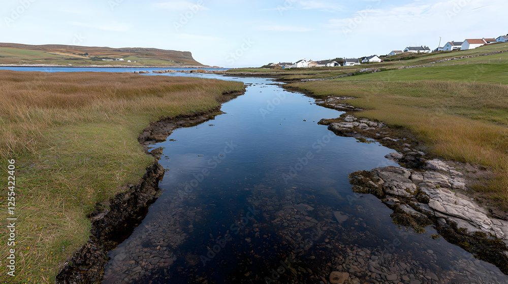 Obraz premium Coastal inlet, village, clear water, autumnal grasses, island