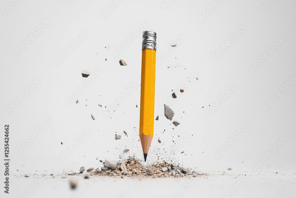 Obraz premium A yellow pencil standing upright amidst flying debris on a white background