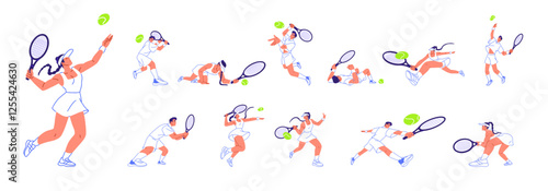 Big tennis players set. Athletes play racquet game on court. Sportsman and sportswoman hit ball with racket. People in sports uniform training. Flat isolated vector illustrations on white background