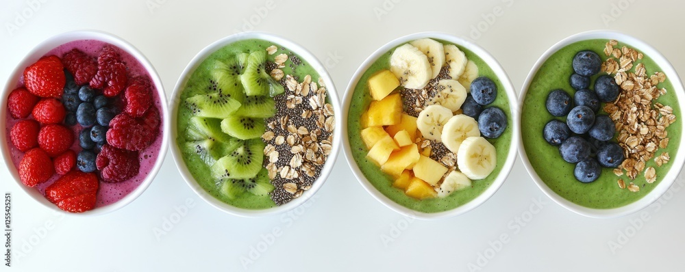 Colorful smoothie bowls with fruits and seeds on white background Colorful smoothie bowls with fruits and seeds on white background