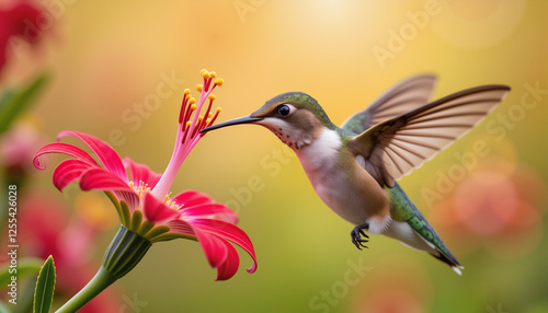Hummingbird sipping nectar from a red flower in sunlight