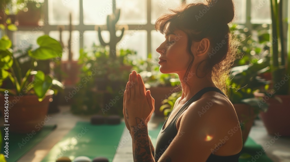 A serene scene of a woman meditating in a sunlit room surrounded by lush greenery with her hands together in prayer A serene scene of a woman meditating in a sunlit room surrounded by lush greenery with her hands together in prayer