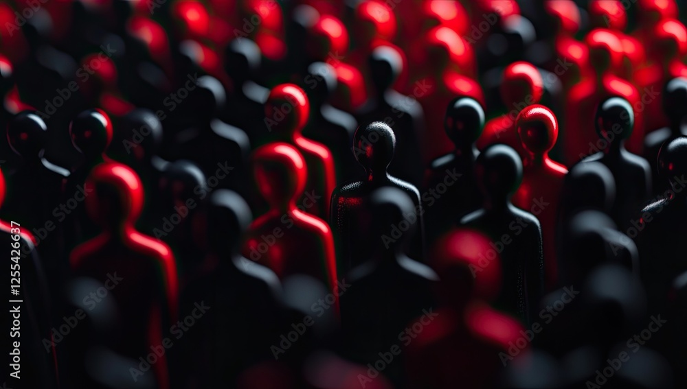 Obraz premium A Deep Dive into the Abstract Depiction of a Divided Collective Exploring the Contrast Between Red and Black Figures in a Dense Crowd