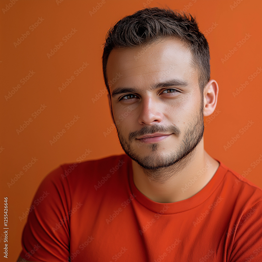 Obraz premium Portrait of a confident young man in vibrant orange shirt casual studio setting close-up shot creative expression professional photography