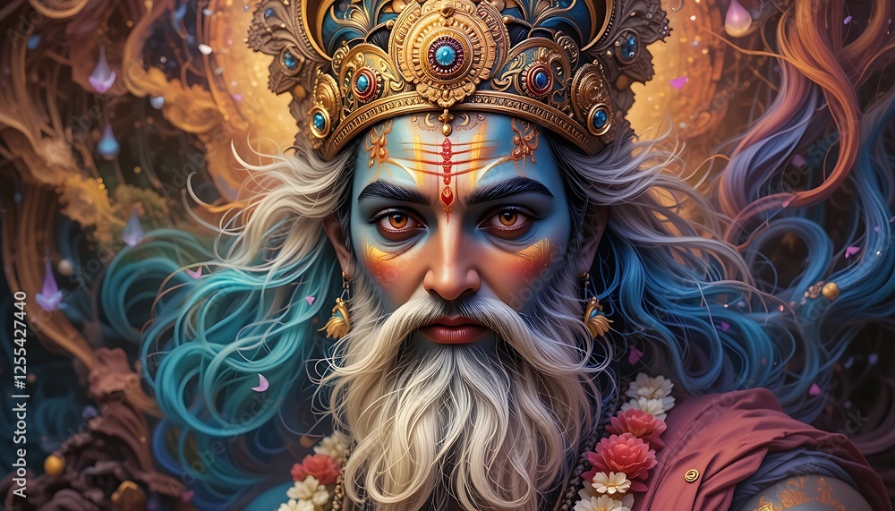 Portrait of a deity with vibrant clouds, golden crown, and decorative jewelry in a mystical setting. Generative AI Portrait of a deity with vibrant clouds, golden crown, and decorative jewelry in a mystical setting. Generative AI