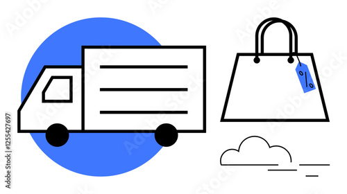 Delivery truck, shopping bag with price tag, and cloud outline. Ideal for online shopping, e-commerce, delivery services, supply chain, logistics retail consumer goods. Blue and white abstract line photo