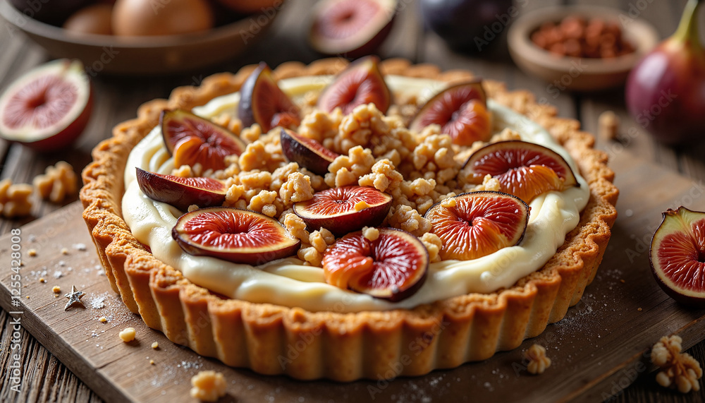Rustic fig and brown sugar tart topped with honeyed mascarpone and crushed walnuts, warm lighting, food photography concept. Rustic fig and brown sugar tart topped with honeyed mascarpone and crushed walnuts, warm lighting, food photography concept.