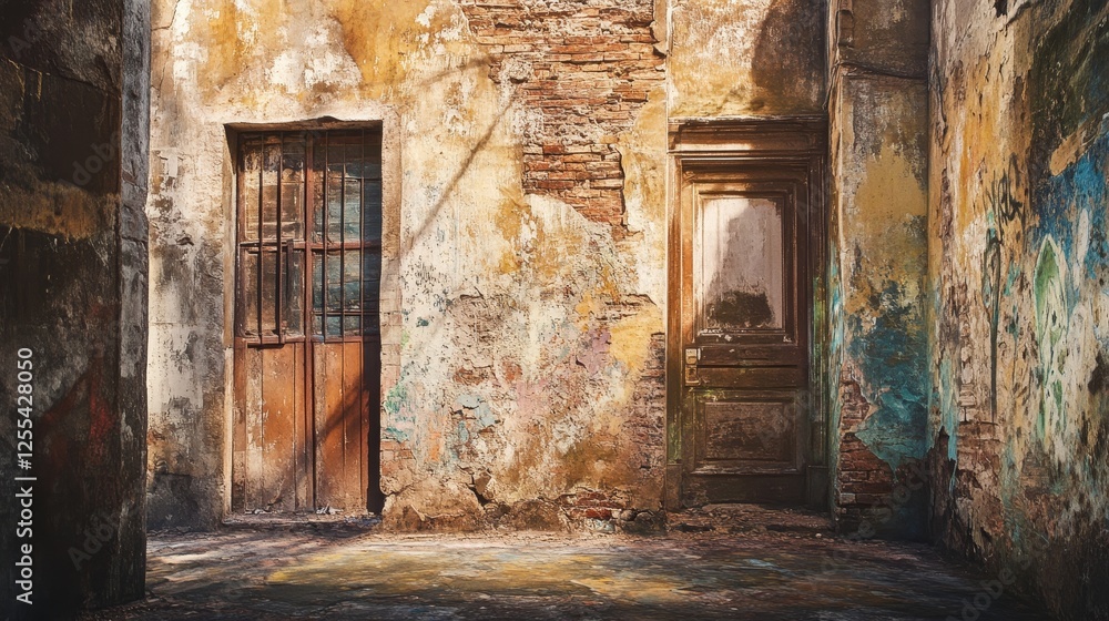 Fototapeta premium Vibrant abstract graffiti on weathered ancient walls showcasing the essence of creative street art