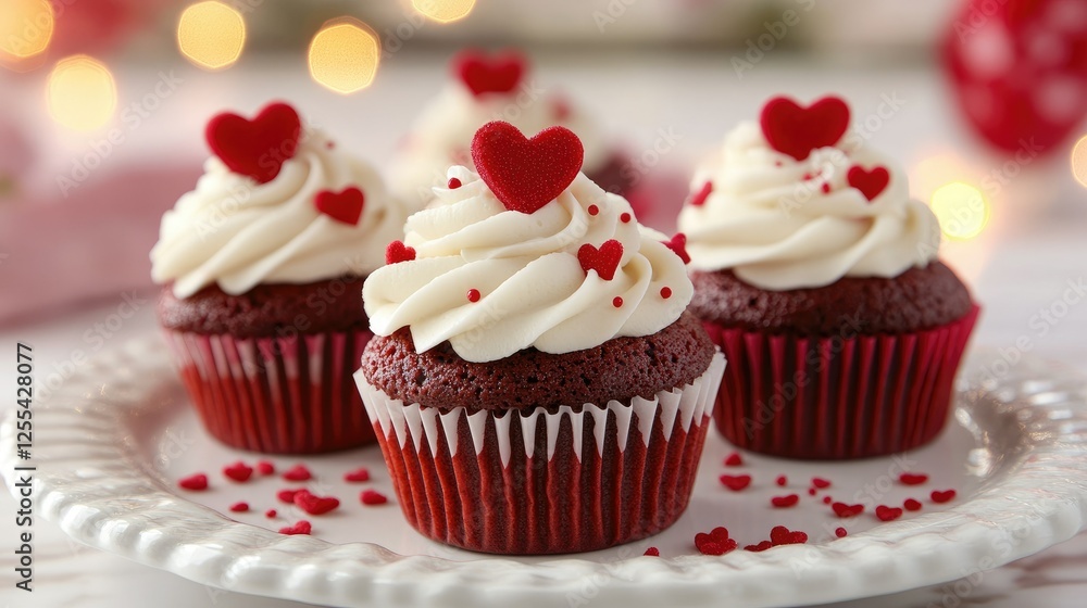 Close-up of red velvet cupcakes topped with creamy frosting and heart decorations, arranged on a white plate with a romantic pink and red theme. Close-up of red velvet cupcakes topped with creamy frosting and heart decorations, arranged on a white plate with a romantic pink and red theme.