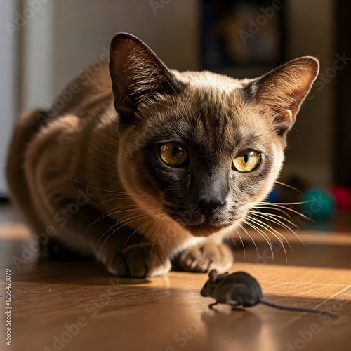 A cat and a mouse, capturing the classic dynamic of curiosity and chase in a playful, animated moment.

