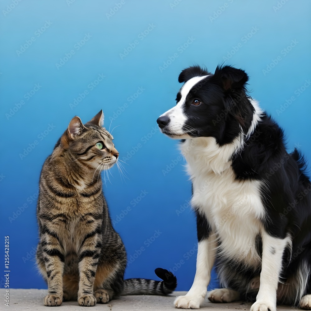 Border Collie and a cat together on a blue background, exuding a playful and balanced companionship between the two animals.
Border Collie and a cat together on a blue background, exuding a playful and balanced companionship between the two animals.