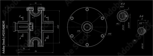 Assembly drawing of clutch and shaft of electrical reducer.
Vector design of steel mechanical device with dimension lines.
Engineering technic cad scheme on 
paper sheet. Hand drawn pencil sketch.