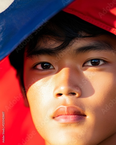 Cultural Valor Portrait Young Filipino Soldier Under Philippine Flag - Military Heritage and Autumn Festivities Visuals for Patriotic Event Marketing photo