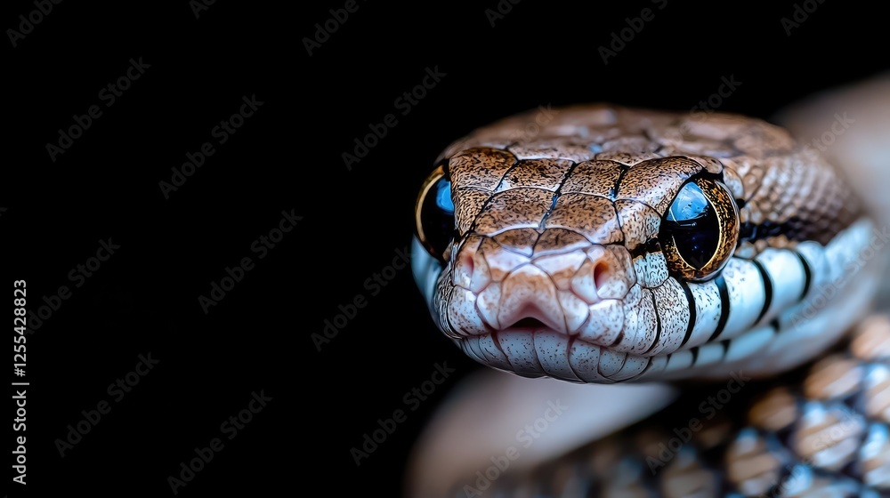 Fototapeta premium Close-up of snake head, night, dark background, wildlife