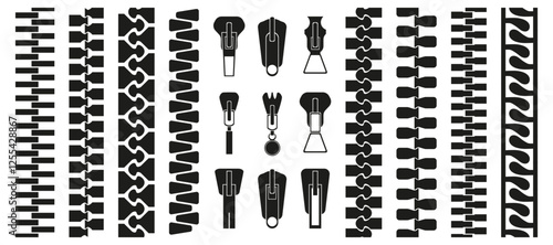 Set of black zipper silhouette icons on a white background
