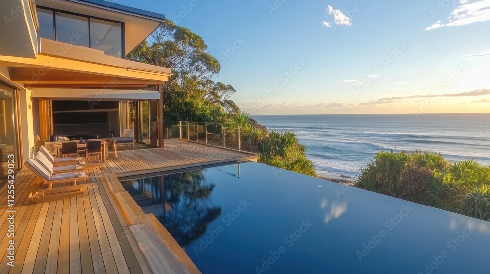 Fototapeta premium Luxury Ocean View Home with Infinity Pool at Sunset for Tropical Getaway