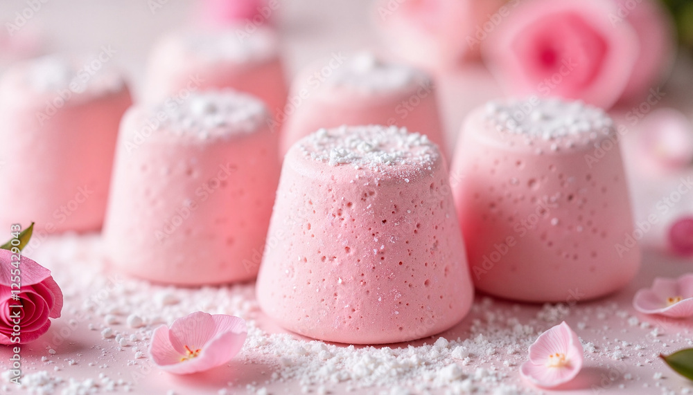 Delicate rose-infused marshmallows dusted with fine sugar and surrounded by pastel petals, elegant food photography concept. Delicate rose-infused marshmallows dusted with fine sugar and surrounded by pastel petals, elegant food photography concept.