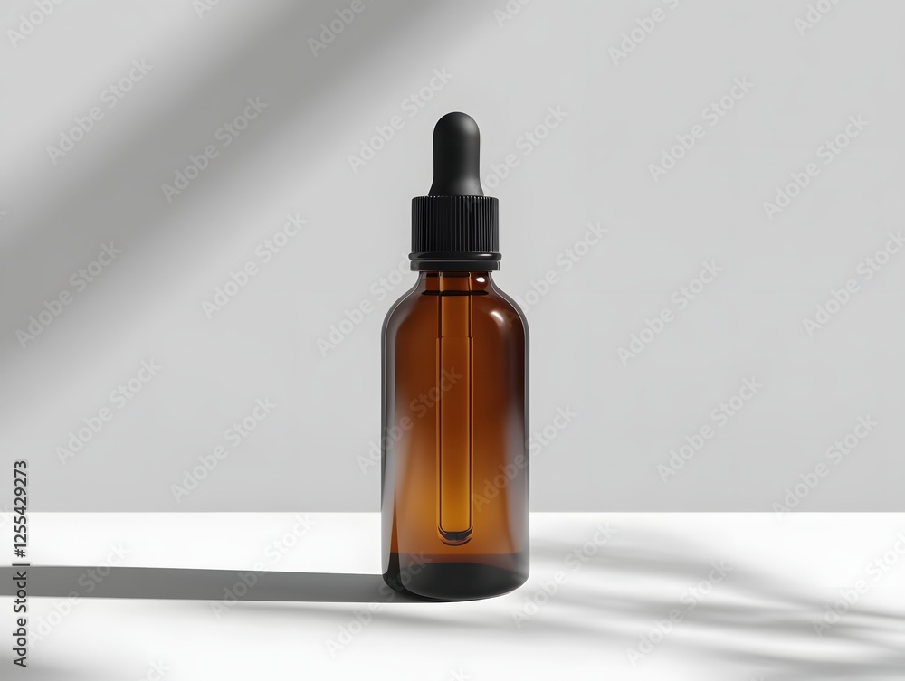 Amber Glass Bottle with Dropper for Essential Oil Serum on White Surface with Light Shadow Amber Glass Bottle with Dropper for Essential Oil Serum on White Surface with Light Shadow