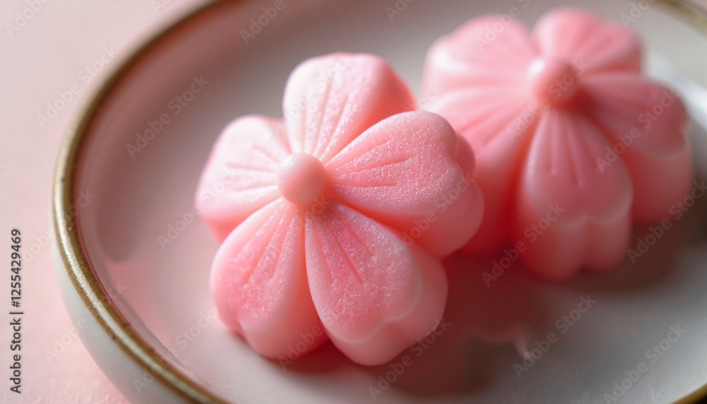 Exquisite cherry blossom-shaped mochi in soft pink hue on a delicate plate, showcasing traditional Japanese dessert artistry. Exquisite cherry blossom-shaped mochi in soft pink hue on a delicate plate, showcasing traditional Japanese dessert artistry.