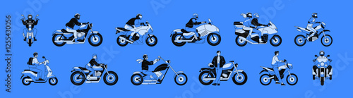 Different motorcycles' types set. Motorcyclists in helmets are on sports, touring, enduro, scooter, naked, street bikes. Bikers drive, travel on various motorbikes. Flat isolated vector illustrations