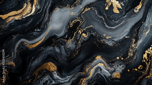 Contemporary black and gold abstract background with swirling marble like textures and elegant gold details