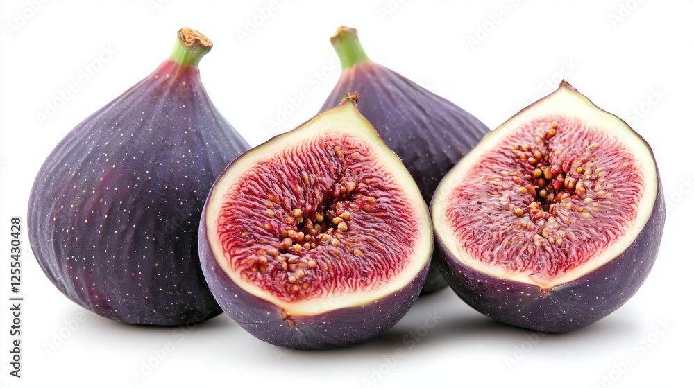 Delicately sliced figs reveal their juicy, ruby-red interior, displaying a beautiful contrast between the rich purple skin and sweet seeds. Perfect for culinary creations or healthy snacking Delicately sliced figs reveal their juicy, ruby-red interior, displaying a beautiful contrast between the rich purple skin and sweet seeds. Perfect for culinary creations or healthy snacking