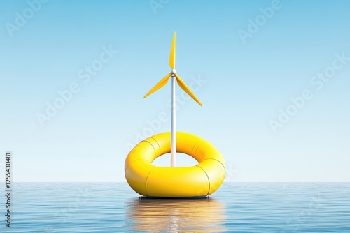 Yellow lifebuoy and wind turbine floating on calm water under clear blue sky photo