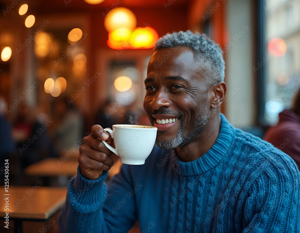 Smiling Mature Man Enjoys a Warm Beverage in a Cozy Cafe.
Smiling Mature Man Enjoys a Warm Beverage in a Cozy Cafe.