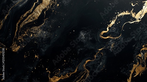 A luxurious abstract background featuring a swirling mix of black and gold marbling patterns