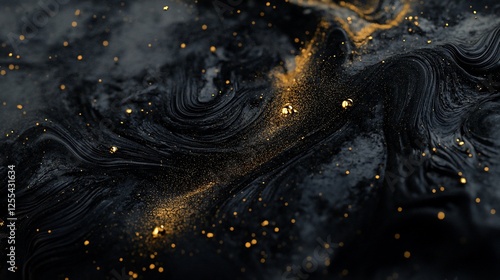 Contemporary black and gold abstract background with flowing textures and shimmering particles