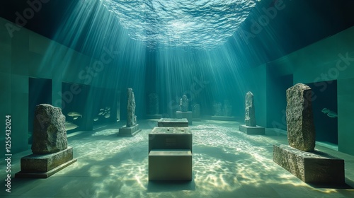 A surreal underwater museum hallway with statues and art pieces suspended in clear water photo