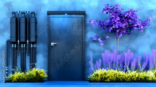 Modern door on vibrant wall with purple flowers, perfect as design resource, architectural concept, or a dreamy background