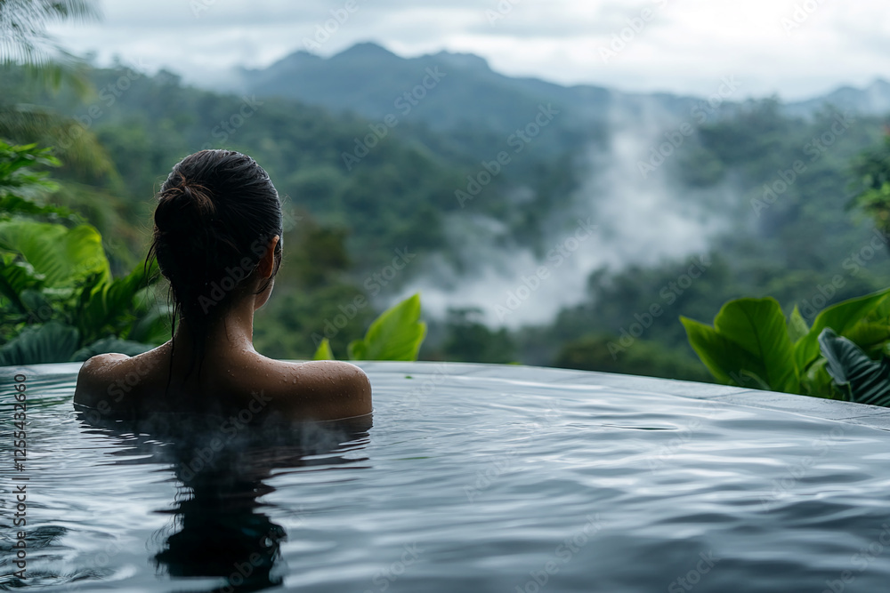 Fototapeta premium A woman relaxing in a hot spring bath with a scenic view of misty mountains and lush greenery, symbolizing peace, wellness, and connection with nature.