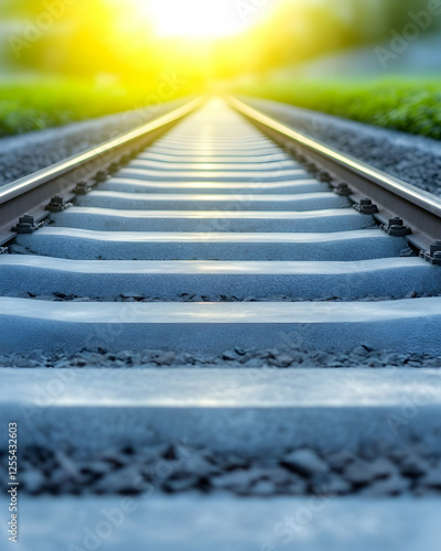 Railroad tracks vanishing to horizon through green trees, sunny day, for progress concepts, logistics and travel advertising photo