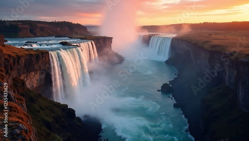 Wallpaper Mural Majestic Waterfall Cascading into Ancient Canyon, Golden Afternoon Light, Misty Veil and Turquoise Waters in Pristine Wilderness Torontodigital.ca