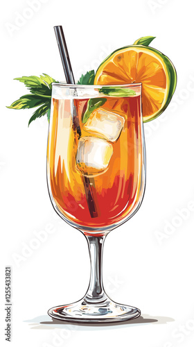 Vector watercolor style Cuba Libre alcoholic cocktail with ice cubes, splashes illustration for posters, decoration, menu and logo. mocktail drink, beverage isolated on a white background