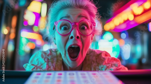 elderly woman experiencing excitement after winning a lottery in a vibrant casino, holding a raffle ticket, immersed in the immersive appeal of gambling







