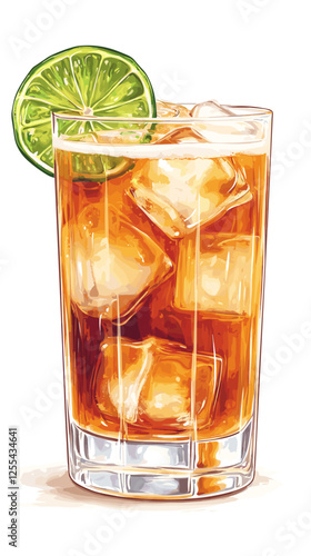 Vector watercolor style Cuba Libre alcoholic cocktail with ice cubes, splashes illustration for posters, decoration, menu and logo. mocktail drink, beverage isolated on a white background