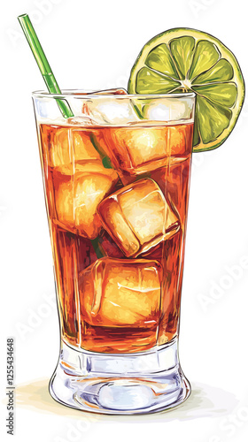 Vector watercolor style Cuba Libre alcoholic cocktail with ice cubes, splashes illustration for posters, decoration, menu and logo. mocktail drink, beverage isolated on a white background