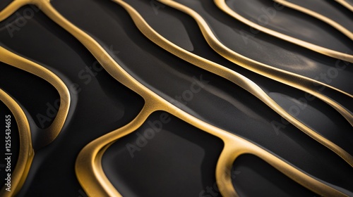 A contemporary abstract pattern of black and gold with curved lines design, with metallic gold