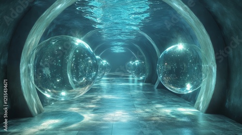 A mysterious underwater hallway in a submerged museum with relics floating in glowing bubbles photo