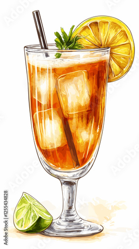 Vector watercolor style Cuba Libre alcoholic cocktail with ice cubes, splashes illustration for posters, decoration, menu and logo. mocktail drink, beverage isolated on a white background