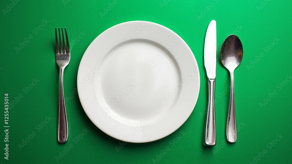 Elegant St. Patrick's Day Table Setting with White Plate, Silver Cutlery & Green Background – Ideal for Menus, Flyers & Digital Ads. Elegant St. Patrick's Day Table Setting with White Plate, Silver Cutlery & Green Background – Ideal for Menus, Flyers & Digital Ads.