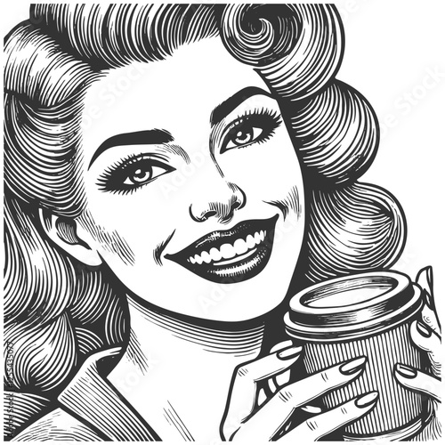 Smiling Retro Woman Drinking Coffee vector