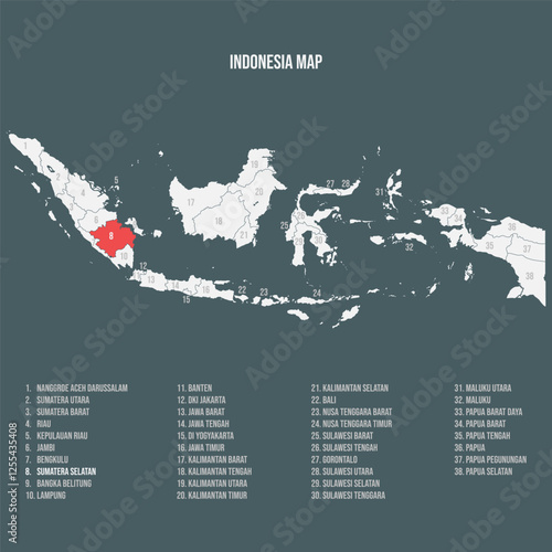 Indonesia Map with 38 Provinces - Sumatera Selatan
