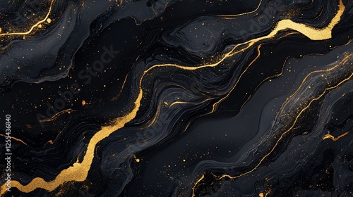 Contemporary black and gold abstract pattern with flowing lines and shimmering specks of gold