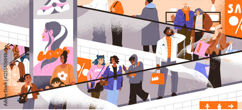 People are on the escalator in modern commerce center. Customers moving up with automatic stairs. Diverse characters step by electric ladder, elevator in shopping mall. Flat vector illustration