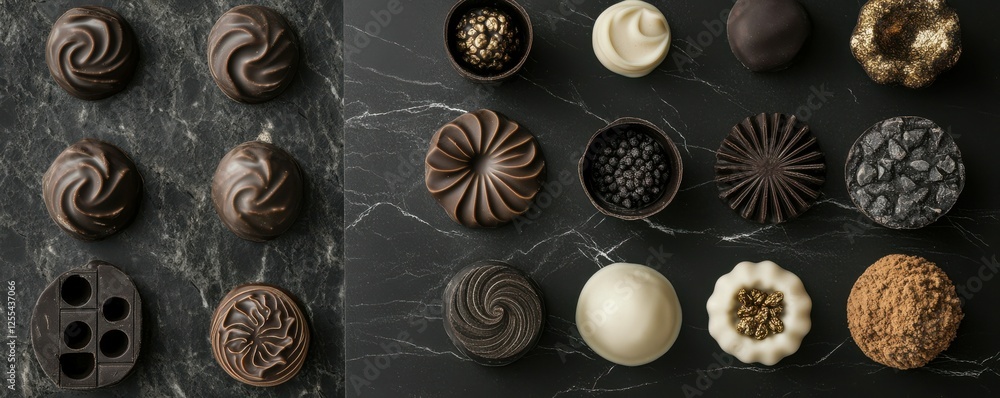 Assorted gourmet chocolates on dark marble surface Assorted gourmet chocolates on dark marble surface