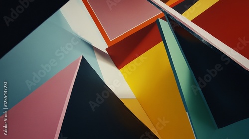 Abstract geometric composition with sharp angled forms and vibrant color palette