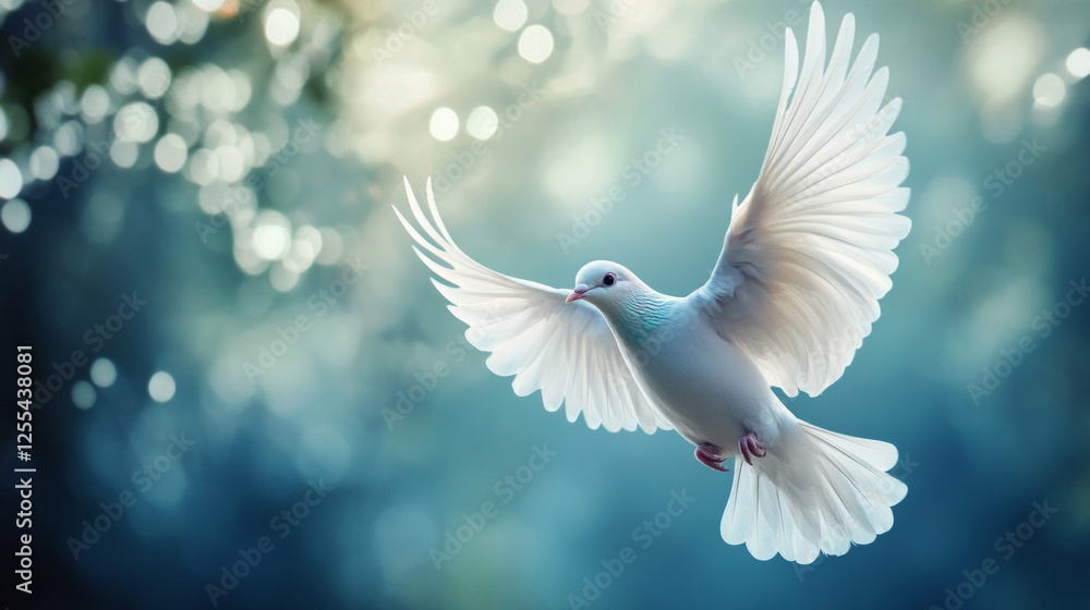 Obraz premium Majestic white dove soaring through soft sunlight surrounded by a serene natural backdrop